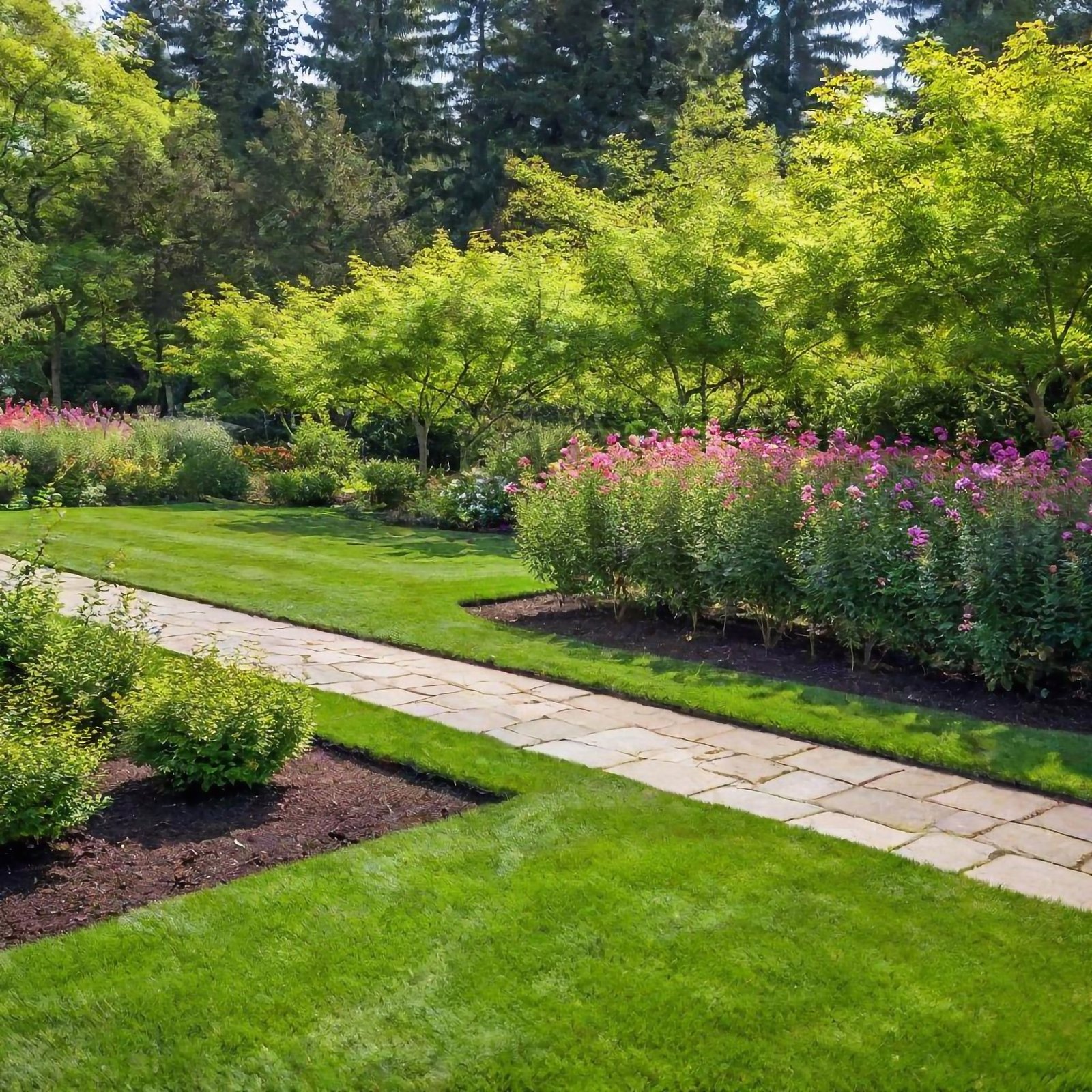 Lakeside Serenity — lush garden path winding through vibrant flower beds and mature trees beside a waterfront